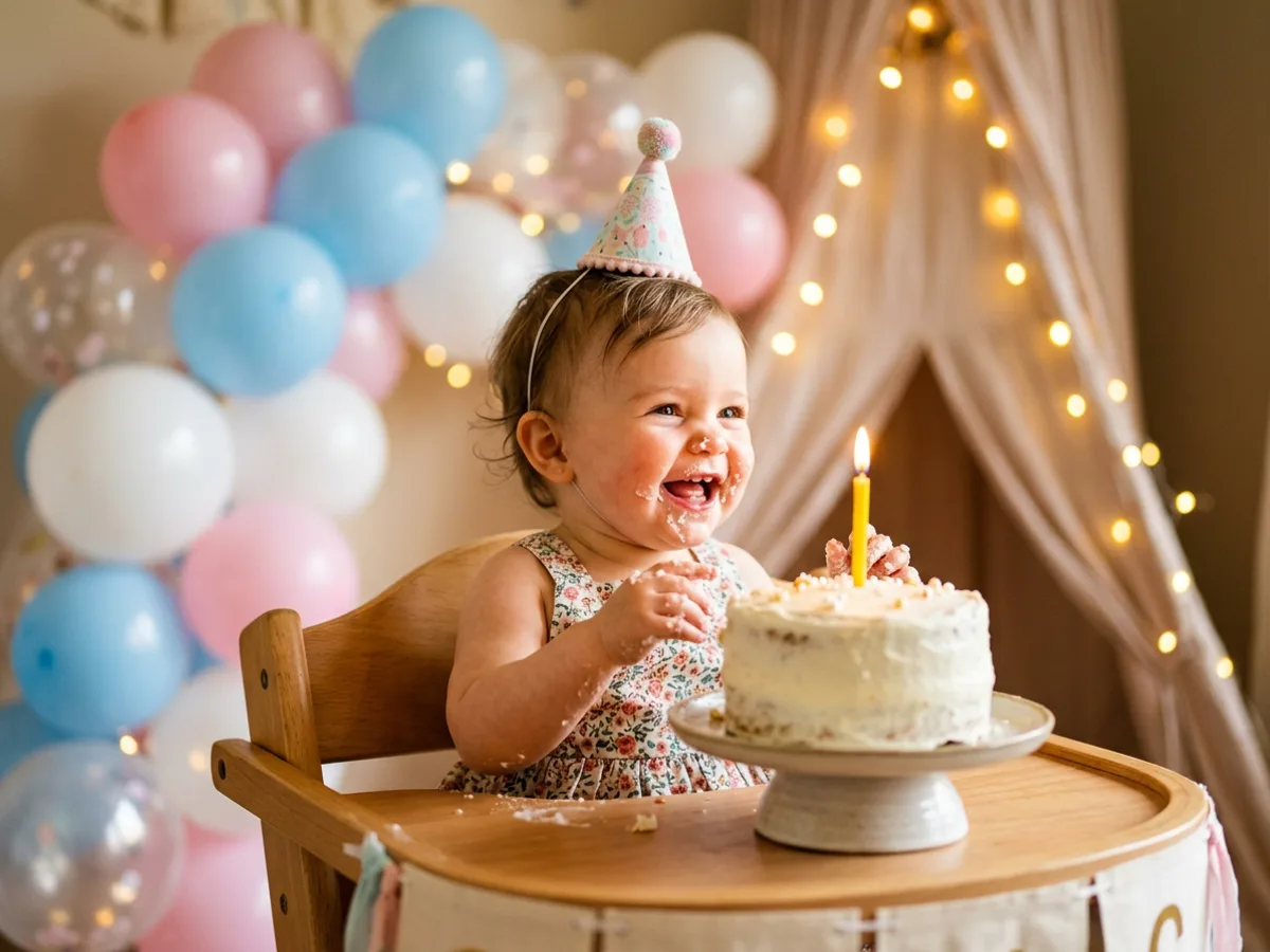 Un bébé d'un an rit devant son premier gâteau, chapeau de fête sur la tête