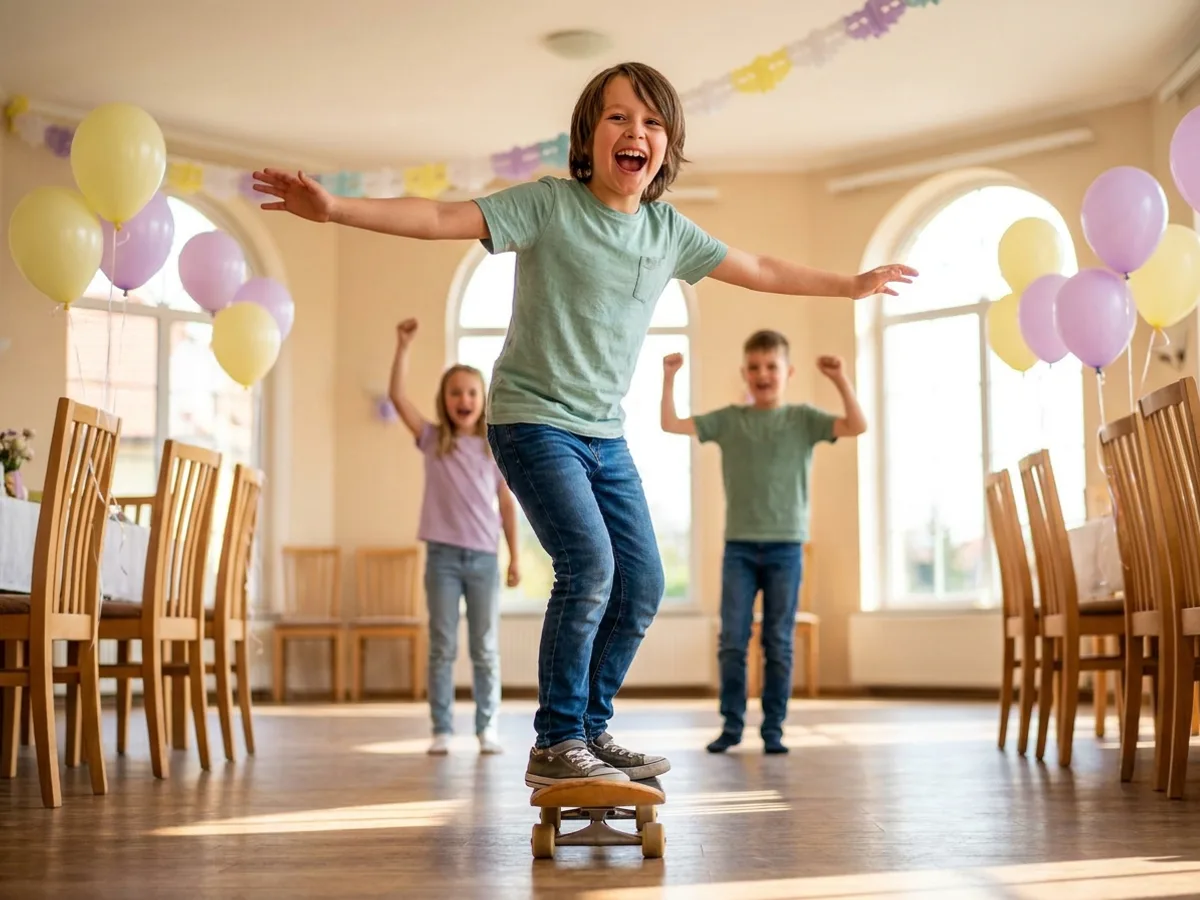Un enfant de dix ans glisse en skateboard dans la salle, ses copains l'encouragent