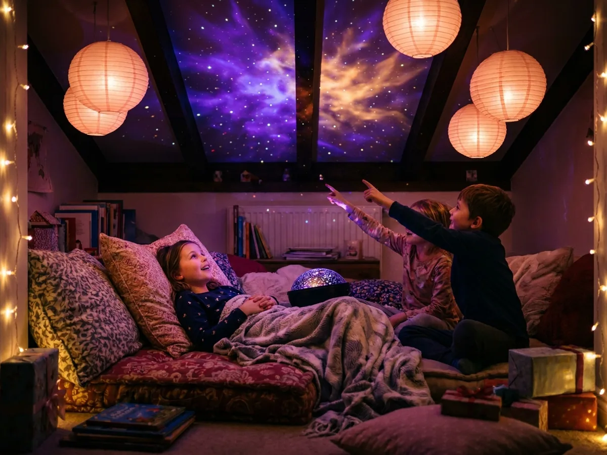 Trois enfants de onze ans émerveillés sous une galaxie projetée au plafond