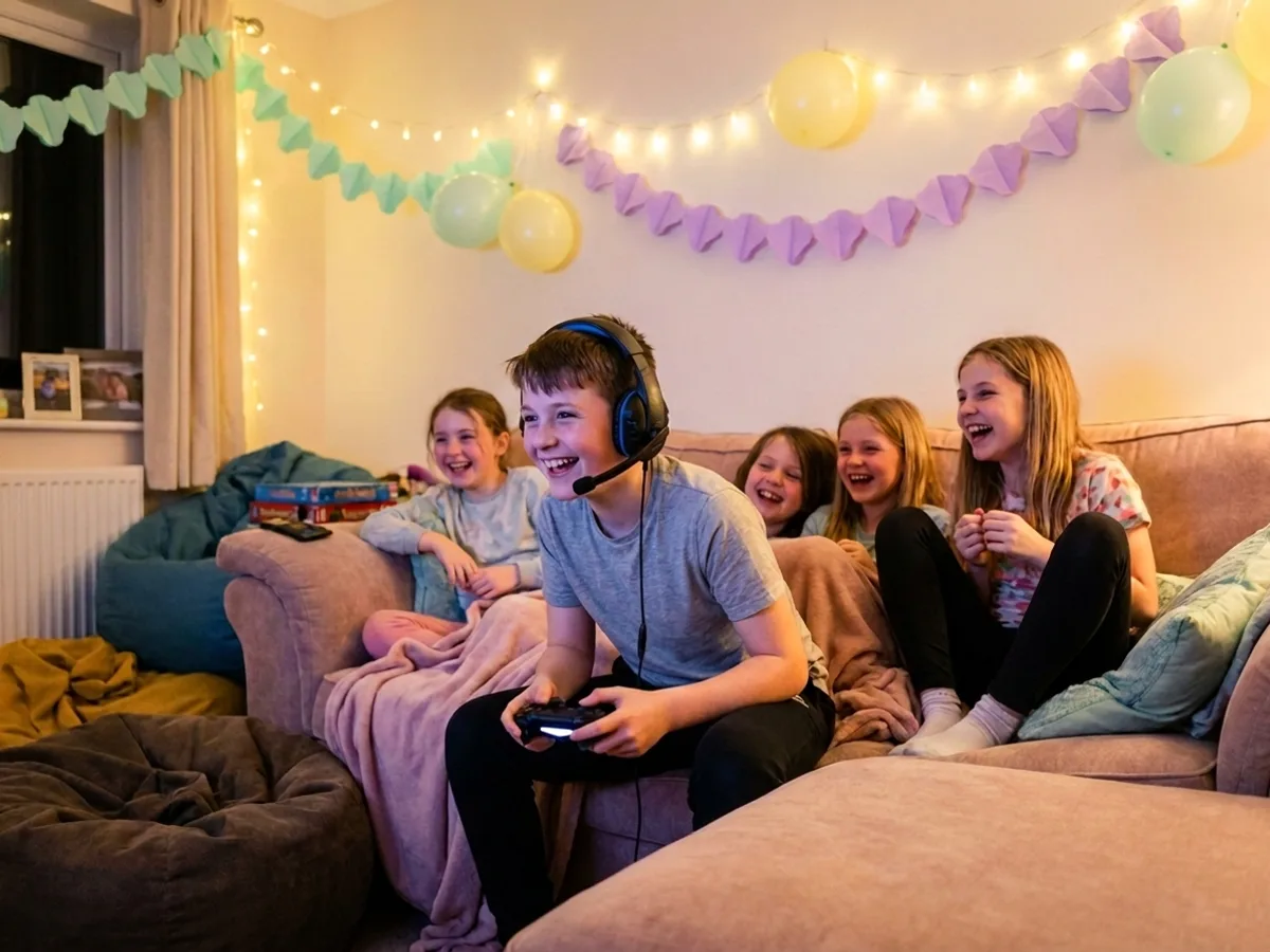 Un ado de douze ans casque gaming sur les oreilles, ses copines rient sur le canapé