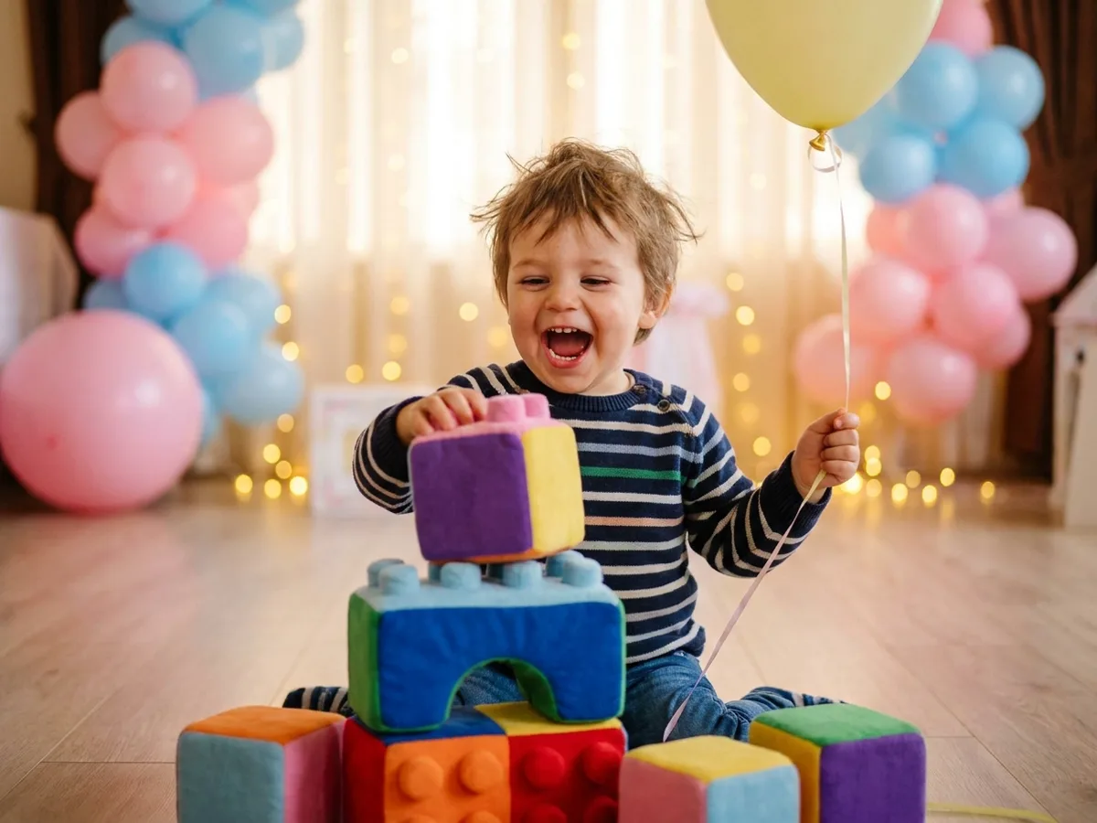 Un enfant de deux ans empile de gros cubes en tenant un ballon