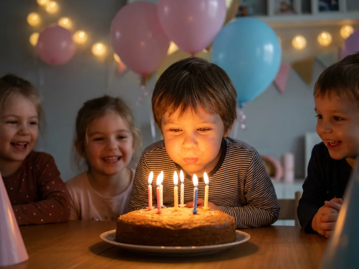 Un enfant de cinq ans souffle les bougies de son gâteau, entouré de ses copains