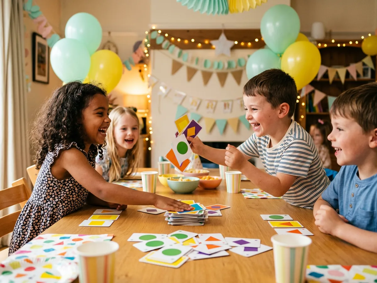Deux enfants de six ans abattent leurs cartes en riant, sous des ballons menthe et jaunes