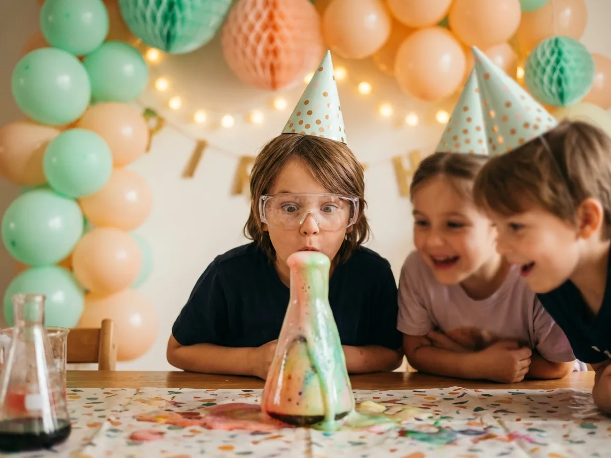 Un enfant de huit ans en lunettes de protection regarde mousser son expérience de chimie