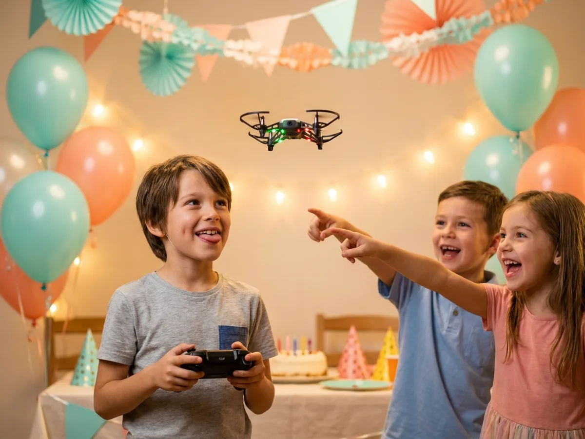 Un enfant de neuf ans pilote un petit drone sous les guirlandes, ses copains pointent le ciel