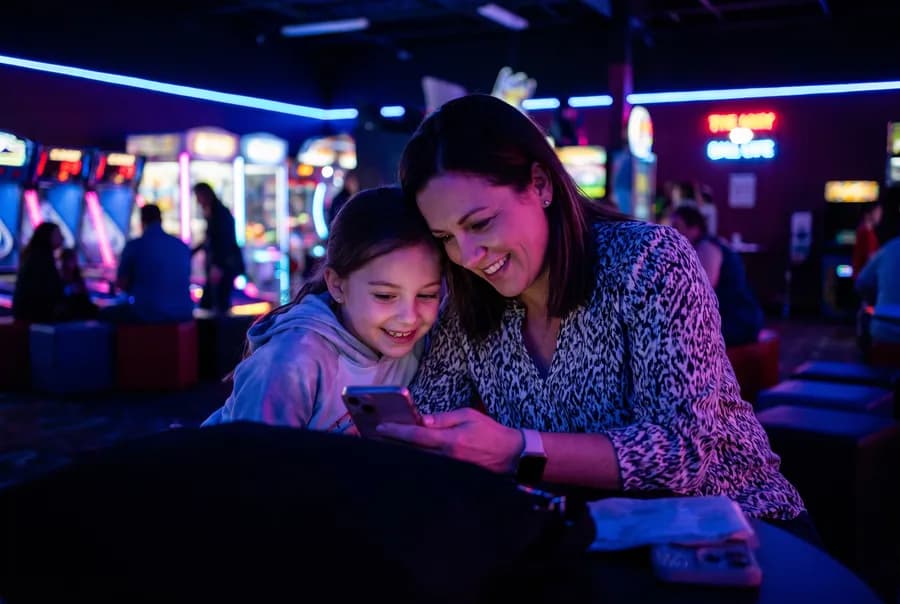 Une mère et sa fille choisissent des cadeaux sur un téléphone, dans le salon d'un parc de jeux