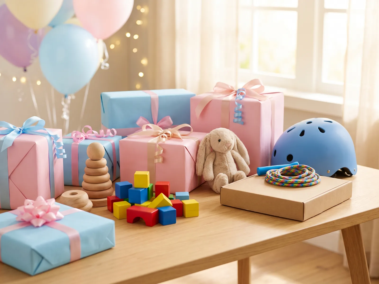 Une table couverte de cadeaux d'anniversaire emballés en rose et bleu ciel, avec des jouets pour tous les âges