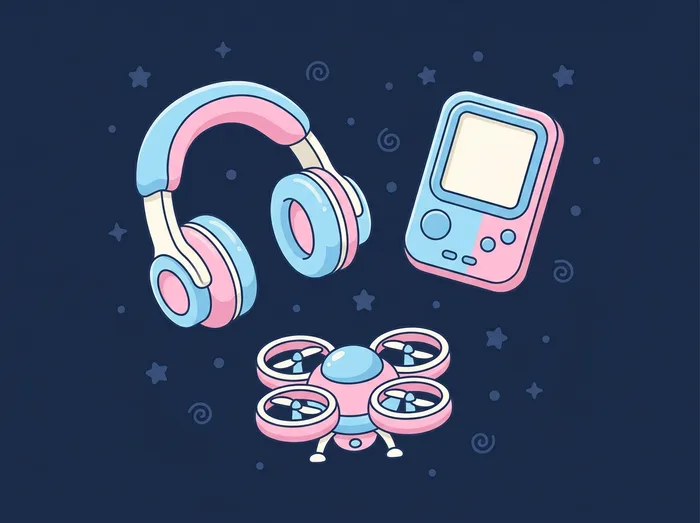 Casque audio, console portable et petit drone parmi les étoiles