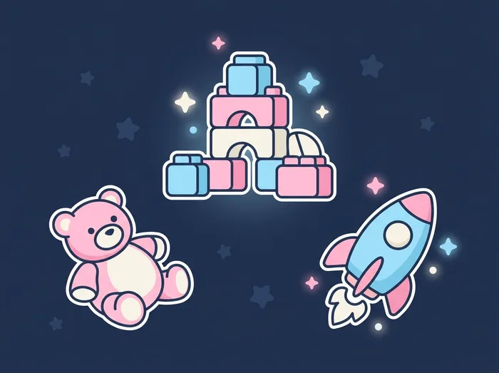 Briques de construction, ourson et fusée flottant parmi les étoiles