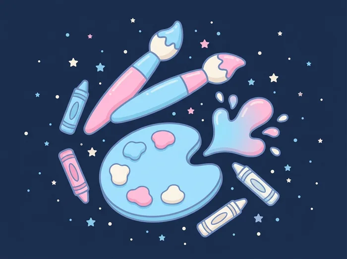 Pinceaux, palette de peinture et crayons flottant dans les étoiles
