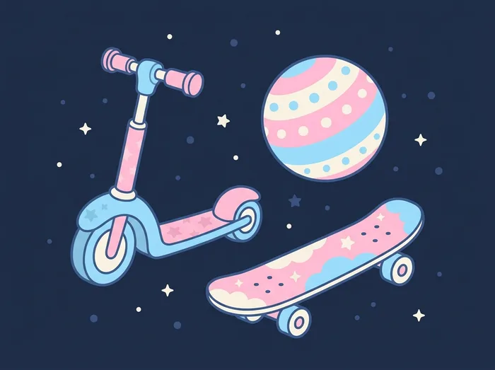 Trottinette, ballon et skateboard flottant dans l'espace